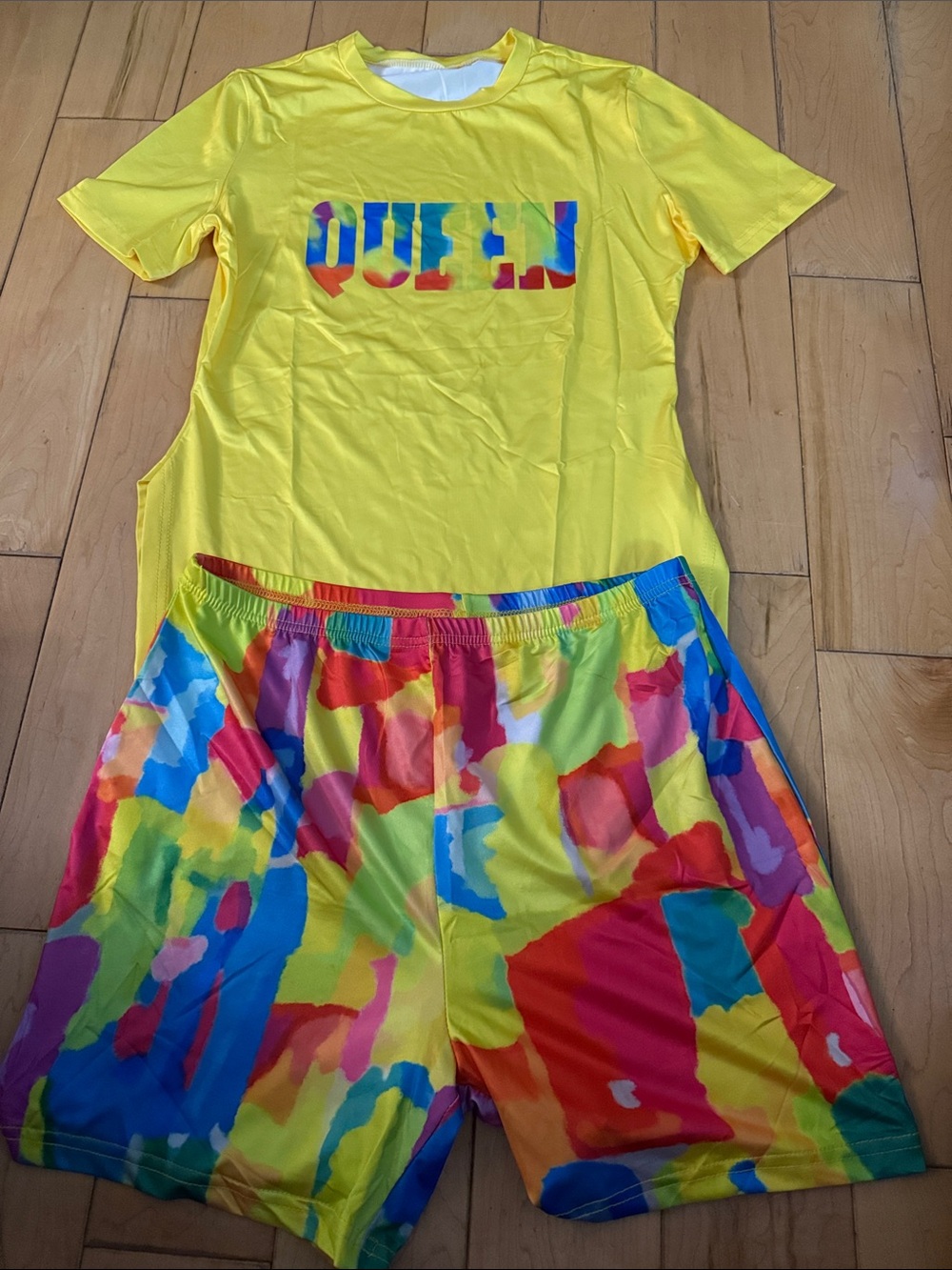 Women’s Bright Yellow Tee & Multicolor Shorts One-Piece set